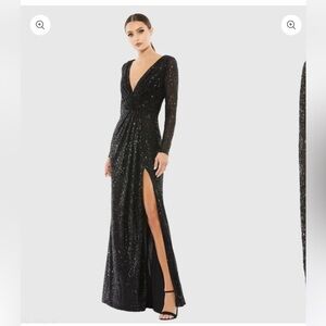 Black Long Sleeve Sequin Evening Gown with Deep V and Thigh Slit